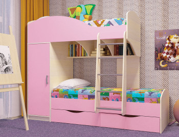 Кровать детская Жемчужина двухместная 1.8 Дуб молочный/Розовый в Бердске - berdsk.mebel54.com | фото