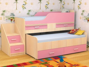 Кровать детская Лесики двухместная 1.8  Дуб молочный/Розовый в Бердске - berdsk.mebel54.com | фото