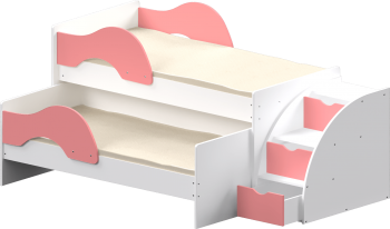 Кровать детская Матрешка выкатная с лестницей  Белый/Розовый в Бердске - berdsk.mebel54.com | фото