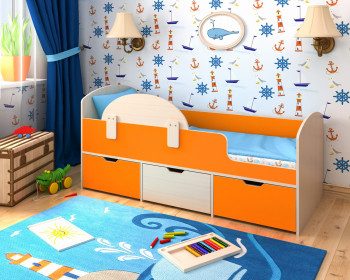 Кровать Малыш-мини с бортиком Дуб молочный/Оранжевый в Бердске - berdsk.mebel54.com | фото