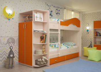 Кровать Мая двухъярусная с ящиками и шкафом Млечный дуб/Оранжевый в Бердске - berdsk.mebel54.com | фото