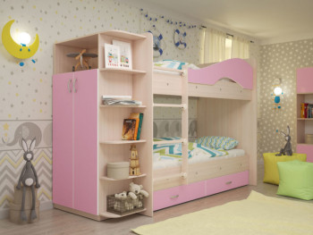 Кровать Мая двухъярусная с ящиками и шкафом Млечный дуб/Розовый в Бердске - berdsk.mebel54.com | фото
