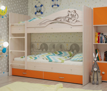 Кровать Мая-Сафари двухъярусная с ящикамиМлечный дуб/Оранжевый в Бердске - berdsk.mebel54.com | фото