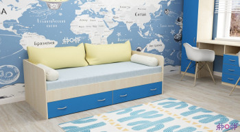 Кровать с выкатными ящиками Дуб молочный/Голубой в Бердске - berdsk.mebel54.com | фото