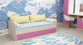 Кровать с выкатными ящиками Дуб Молочный/Розовый в Бердске - berdsk.mebel54.com | фото