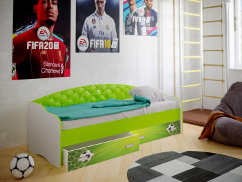 Кровать Софа-8 с мягкой спинкой фотопечать Футбол (900х1900) Белый/Лайм в Бердске - berdsk.mebel54.com | фото