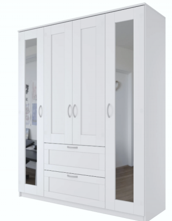 Шкаф четырехдверный Сириус с 2 зеркалами и 2 ящиками белый в Бердске - berdsk.mebel54.com | фото