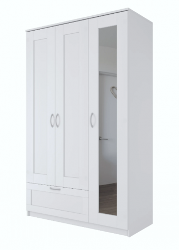 Шкаф трехдверный Сириус с зеркалом и 1 ящиком белый в Бердске - berdsk.mebel54.com | фото