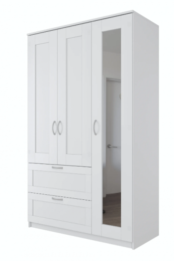 Шкаф трехдверный Сириус с зеркалом и 2 ящиками белый в Бердске - berdsk.mebel54.com | фото