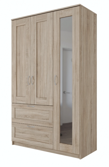 Шкаф трехдверный Сириус с зеркалом и 2 ящиками дуб сонома в Бердске - berdsk.mebel54.com | фото